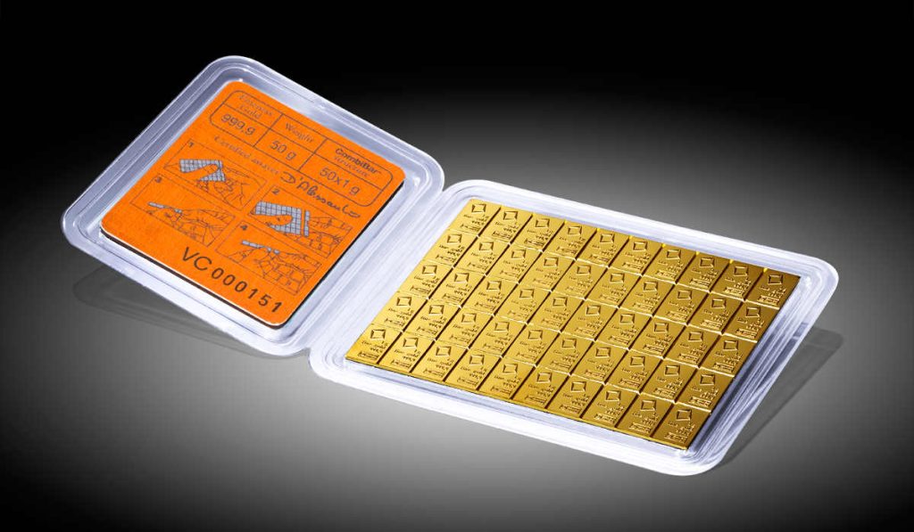 Zlatna poluga 50 grama Valcambi Combibar poput čokolade