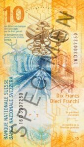 Stara novčanica 20 CHF (švicarskih franaka), stražnja strana