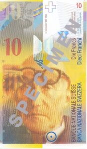 Stara novčanica 10 CHF (švicarskih franaka), prednja strana