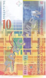 Stara novčanica 10 CHF (švicarskih franaka), stražnja strana